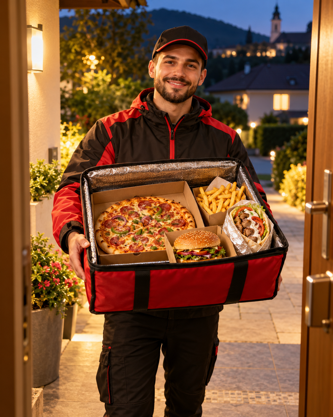Babylon Lieferfahrer bringt Pizza, Kebab, Burger und Pommes an die Haustür